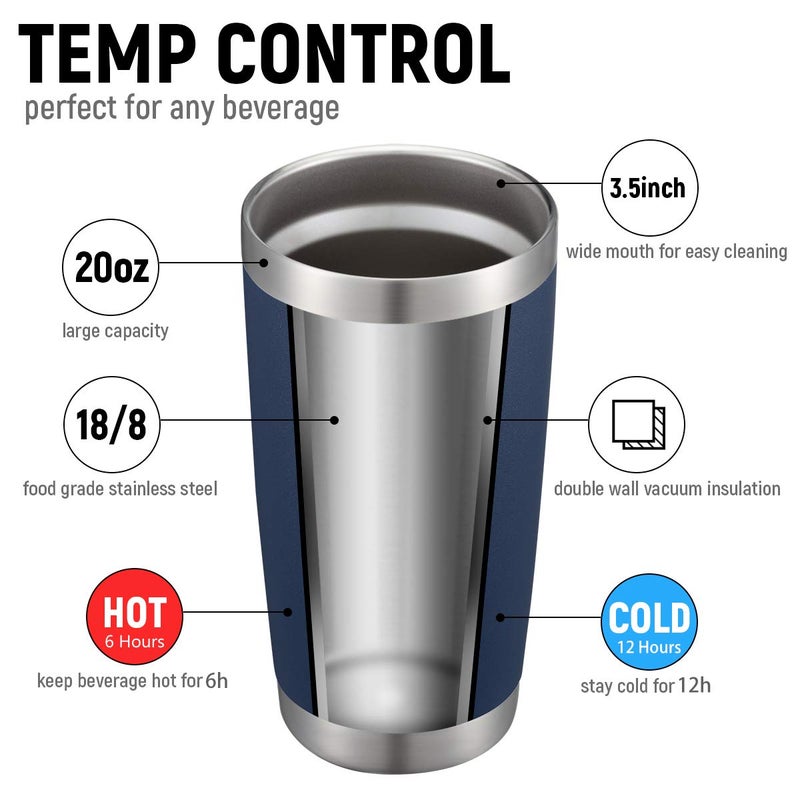 COMOOO 20oz/8Pack Double Wall Vacuum Insulated Coffee Travel Mug Stainless Steel Tumbler Bulk with Lid and Straw Durable Powder Coated Insulated Coffee Cup for Cold & Hot Drinks, Navy, 8 Pack - Image 2